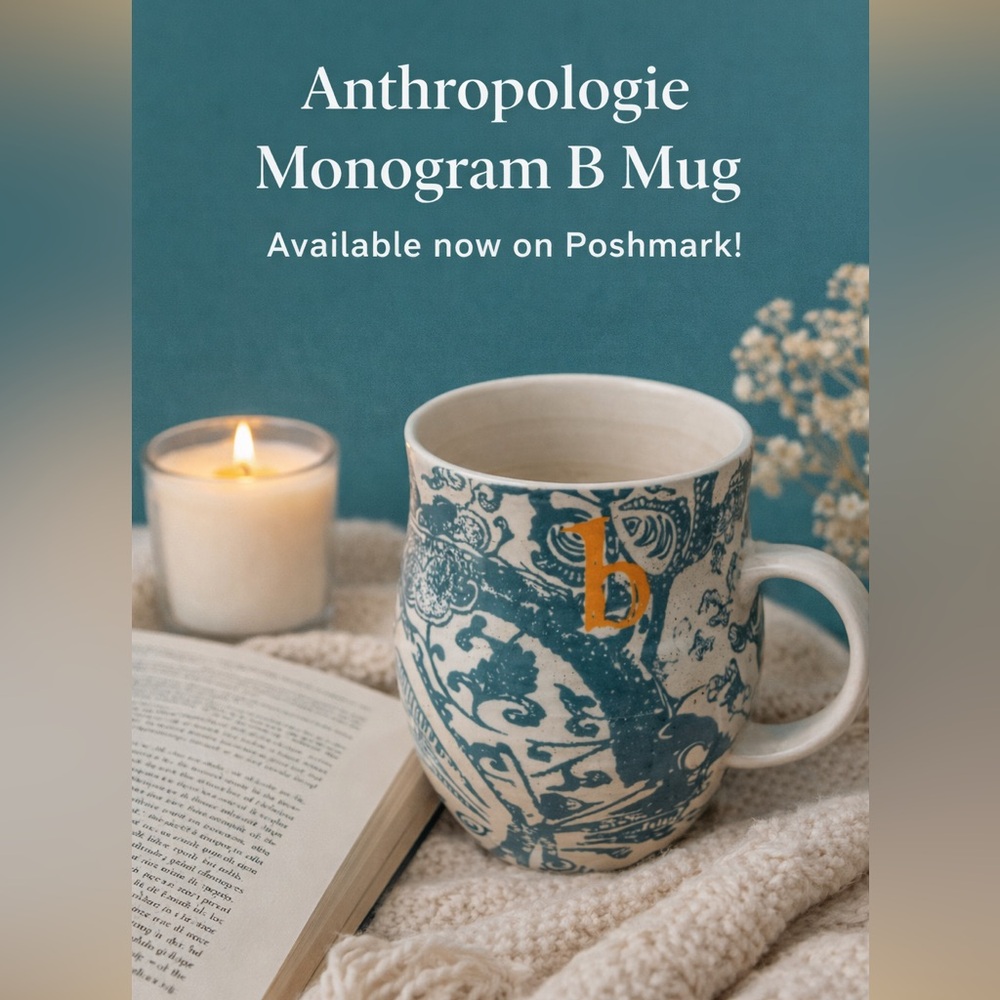 Anthropologie Gold Monogram B Mug Blue Toile Initial Coffee Cup Ceramic